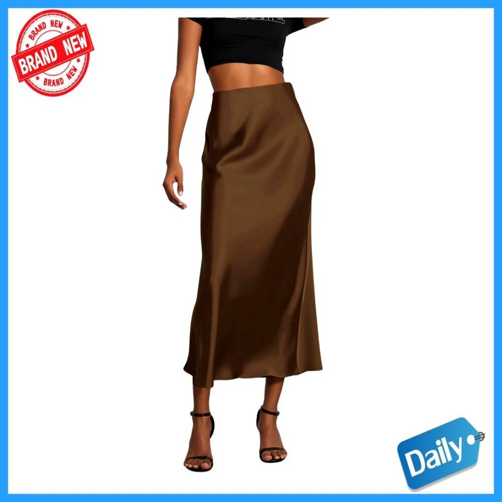 Satin Midi Skirt High Waisted Flared Fishtail Work Office Casual Elegant